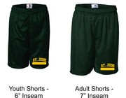 GYM SHORTS UNIFORM Adult Forest Green 7in with Gold Left Thigh Cross Logo and Name Bar